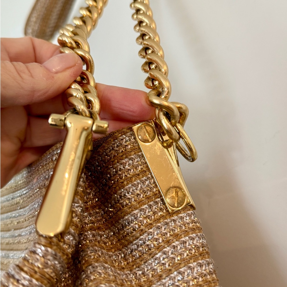 Eric Javits Woven Metallic Gold, Silver and Tan Striped Shoulder Bag - Picture 3 of 11